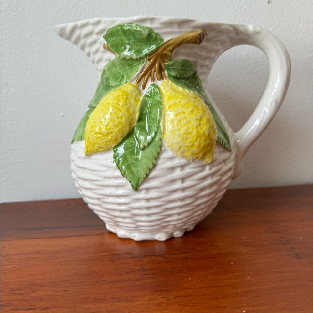 Vintage Italian ceramic trompe l'oeil lemon wicker pitcher